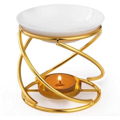 Brûleur à Huile Essentielle en Céramique en Métal Or, Brule Parfum avec Bol en Céramique, Bruleur Fondant pour Porte Bougie Décoratif à la Maison (1/5)