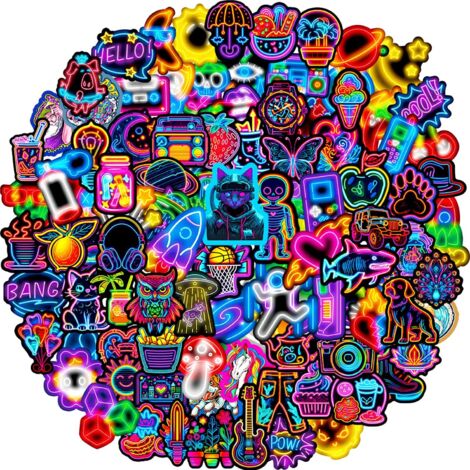Autocollant 100 Pièces Stickers Neon Cool, Autocollant Vinyle Impermeable, Stickers pour Skateboard Scrapbooking Pc Ordinateur Portable Valise Telephone MacBook Bouteille Tablette Journal Guitare etc (1/5)