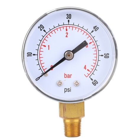 Manomètre 50 mm. cadran 1/8 BSPT. connexion inférieure pour air. eau. huile. gaz (0-60 psi. 0-4 bar) (1/5)