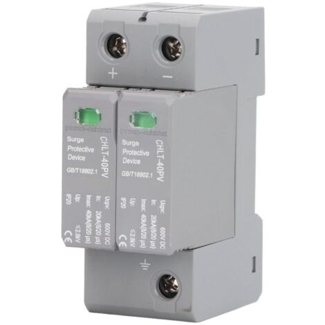 Parafoudre 2P DC 600V – Protection contre surtensions 20kA – Niveau de protection 2.8kV – Montage sur rail standard 36mm