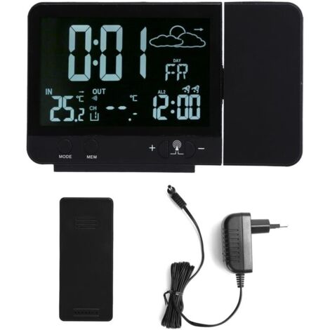Réveil à Projection Numérique Radio Reveil Projection Plafond avec Station Météo Thermomètre Fil Hygromètre de Jauge de Contrôle D'humidité de la Température avec Calendrier pour Chambres 230V