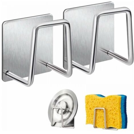 Lot de 2 Support pour Éponge- Crochet pour éponge à vaisselle en acier inoxydable 304. adhésif - Accessoires pour évier - Crochet adhésif. rangement de la cuisine et la salle de bain.argent (1/5)