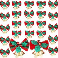 24 Pieces Mini Christmas Bows with Bells Christmas Tree Bow Garland Decorations Hanging Ribbon Bow for Christmas Tree Gift Charms Ornaments, 2 Styles