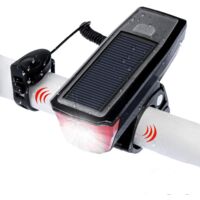 Bicycle Headlight, 4 Modes USB Rechargeable Solar Powered Bicycle Headlamp with Bell for Bike Safety Warning