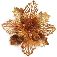 12pcs Christmas Tree Glitter Poinsettia Flowers 16cm Diameter with 12pcs Soft Green Ties (Bronze)