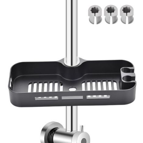 Estante de ducha, estante de ducha para barra de ducha de 22-25 mm, estante para barra de ducha con 2 ganchos y soporte para cabezal de ducha, (negro) (1/5)
