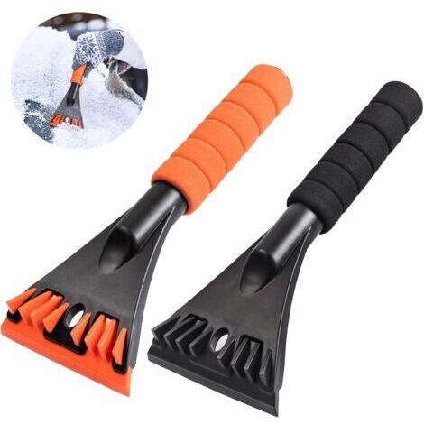 Rascador de hielo para coche de 2 piezas, pala de nieve para descongelar parabrisas y ventanas, escurridor multifuncional antihielo con mango de espuma, negro y naranja (1/5)