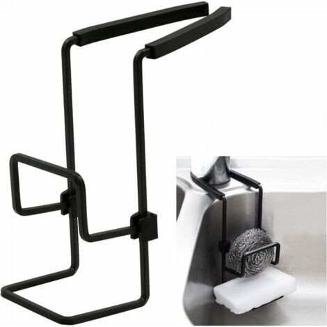 Estante de almacenamiento colgante para esponja de cocina, color negro, resistente al agua, no requiere taladrar, apto para guardar esponjas, jabones, cepillos, escurridores, paños de cocina (1/5)