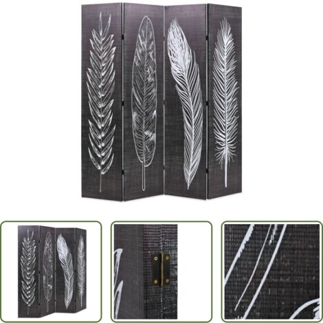 Separador de ambientes -  Biombo divisor plegable 160x170 cm plumas blanco y negro