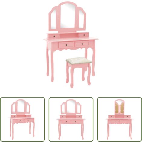 Mesa de maquillaje -  Set de tocador y taburete madera paulownia rosa 100x40x146 cm