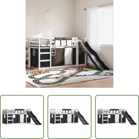 Cama con tobogán - Litera con tobogán y cortinas blanco y negro 90x200 cm