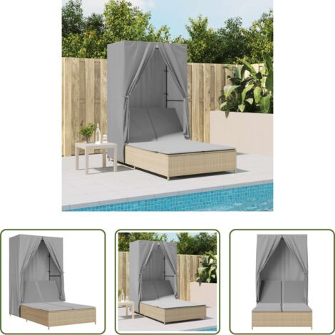 Ratán sintético -  Tumbona doble con techo y cortinas ratán sintético beige