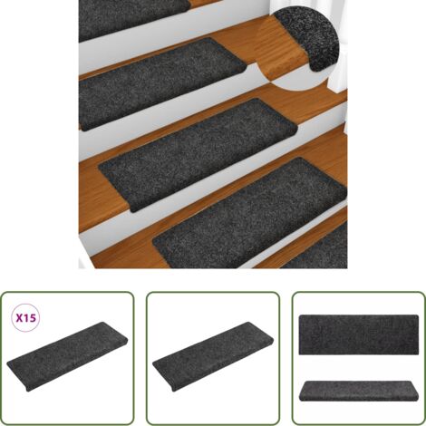 vidaXL Alfombra para escaleras gris -  Felpudos autoadhesivos para escaleras, 15 unidades, 65 x 21 x 4 cm, borde rectangular, gris oscuro