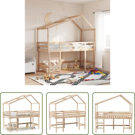 vidaXL Cama con escalera -  Cama alta con escalera y techo madera maciza de pino 80x200 cm