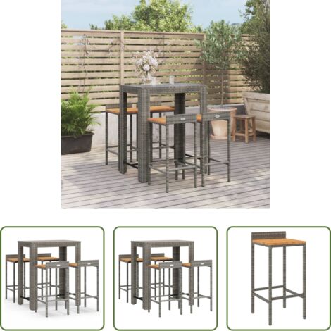 Taburetes de jardín -  Mesa bar y taburetes jardín 5 pzas madera acacia ratán PE gris
