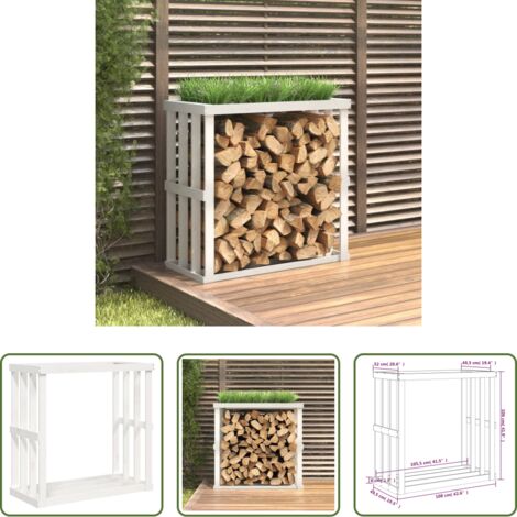 Leñero exterior - Soporte para leña de exterior madera pino blanco 108x52x106 cm