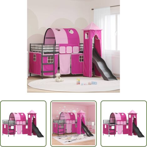 Cama con tobogán -  Estructura de litera para niños Negro y Rosa 80 x 200 cm Metal