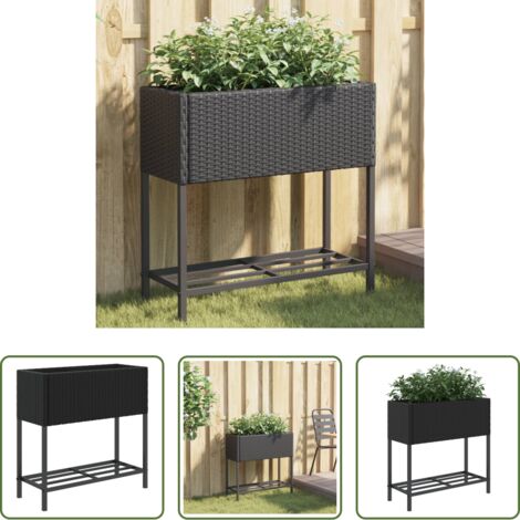 vidaXL Maceta -  Jardinera con estante ratán sintético negro