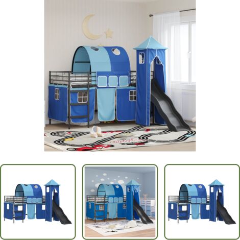 vidaXL Cama con tobogán -  Estructura de litera para niños Negro y azul 80 x 200 cm Metal