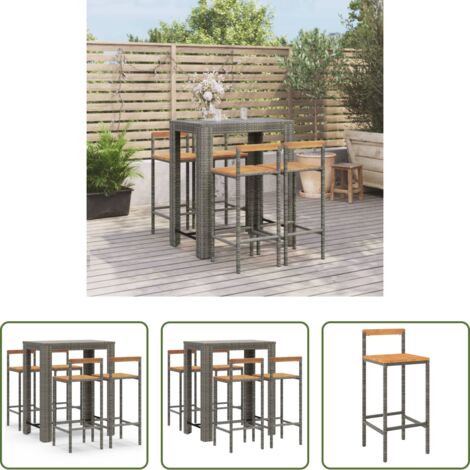 vidaXL Bar de jardín -  Mesa bar y taburetes jardín 5 pzas madera acacia ratán PE gris