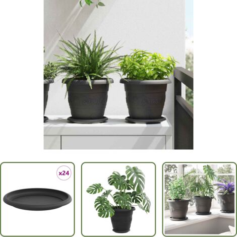 vidaXL Macetas -  Bandeja Redonda para Flores 24 pcs Negro Ø 17,5 x 2 cm Plástico