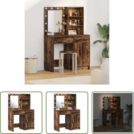vidaXL Mesa de tocador con estantes -  Conjunto de mesa de vestidor con LED 2 pcs Roble ahumado