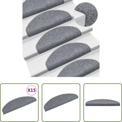 vidaXL Alfombra autoadhesiva -  Felpudos autoadhesivos para escaleras, 15 unidades, 65 x 21 x 4 cm, gris claro, semicirculares, grandes