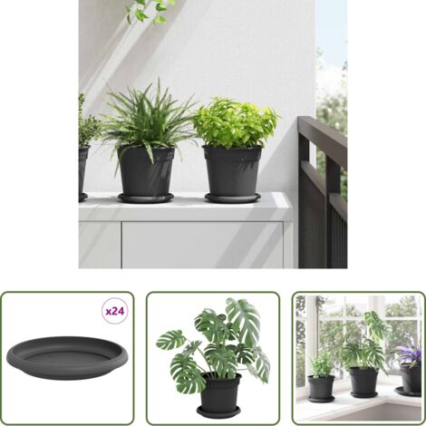 vidaXL Macetas -  Bandeja Redonda para Flores 24 pcs Negro Ø 15,5 x 2 cm Plástico
