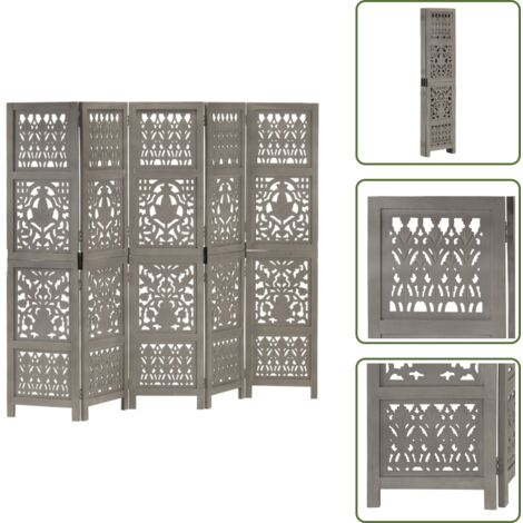 Biombo separador de ambientes - vidaXL Biombo 5 paneles tallado a mano madera de mango gris 200x165 cm - Biombo plegable