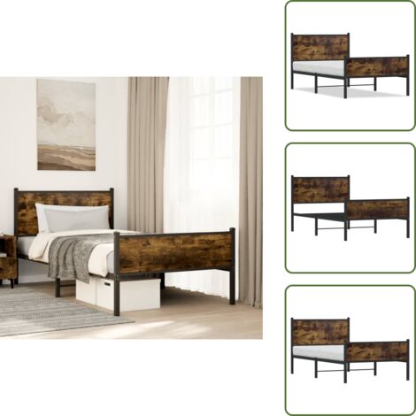 Cama de acero - vidaXL Estructura de cama sin colchón metal roble ahumado 100x200 cm - Cama con cabecero (1/5)