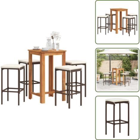 Taburetes de bar - vidaXL Mesa y taburetes de jardín 5 pzas madera acacia ratán PE marrón - Ratán sintético
