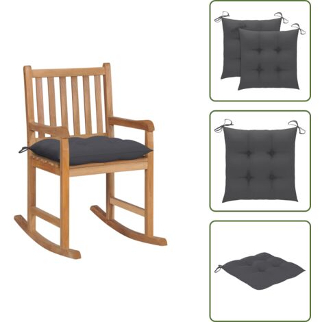 The Living Store Silla mecedora de madera maciza teca con cojín gris antracita - Silla de jardín