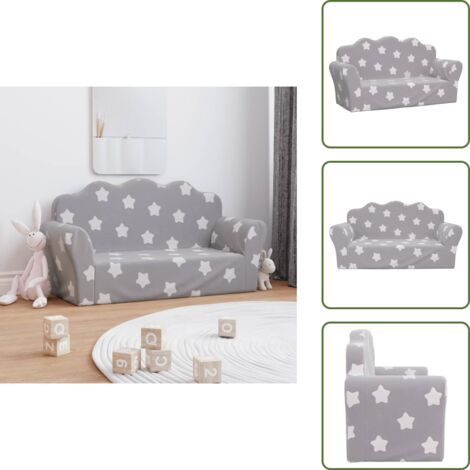 The Living Store Sofá de niños de 2 plazas felpa suave gris claro con estrellas - Sofá de niños