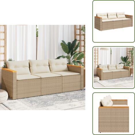 Cojines para sofá - vidaXL Sofá de jardín de 3 plazas con cojines ratán sintético beige - Muebles de exterior