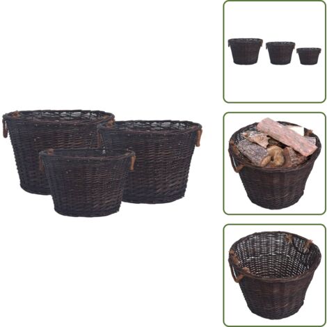 The Living Store Set de cestas apilables para leña 3 uds sauce marrón oscuro - Cestas apilables