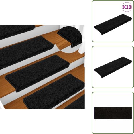 The Living Store Alfombrillas para escaleras 10 unidades 65x21x4 cm Negro Borde Rectangular - Alfombras para escaleras