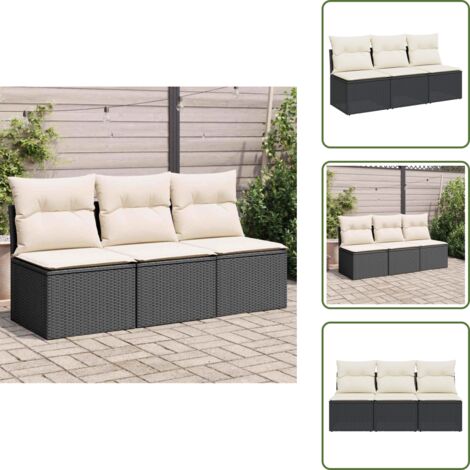 Muebles de exterior - vidaXL Sofá de jardín de 3 plazas con cojines de ratan PE en negro - Almacenamiento en sofá