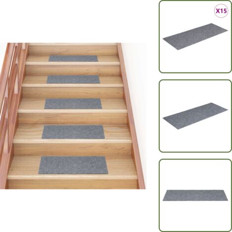 The Living Store Felpudos autoadhesivos para escaleras, 15 unidades, 60 x 25 cm, gris claro, rectangulares - Tapetes para escaleras