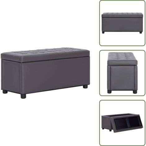 The Living Store Otomana de almacenaje de cuero sintético gris 87,5 cm - Otomana de cuero sintético