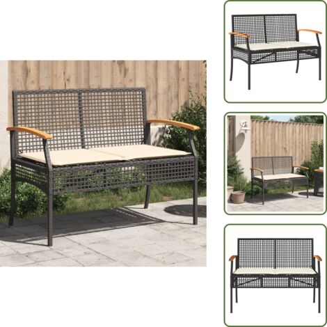 The Living Store Banco de jardín con cojín ratán sintético negro y madera acacia - Silla de jardín