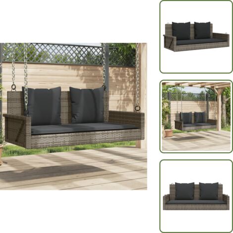 The Living Store Banco columpio con cojines ratán sintético gris 119x56x48 cm - Muebles de jardín
