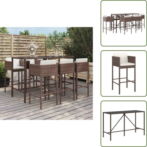The Living Store Mesa y taburetes altos jardín 7 pzas y cojines ratán PE marrón - Taburete de bar