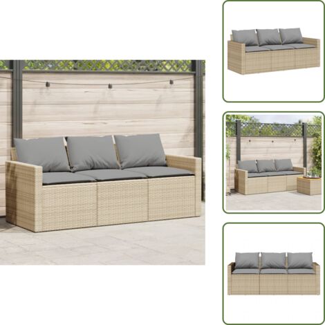 Cojines para sofá - vidaXL Sofá de jardín de 3 plazas con cojines ratán sintético beige - Muebles de jardín