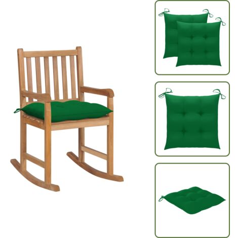 The Living Store Silla mecedora de madera maciza de teca con cojín verde - Silla de jardín