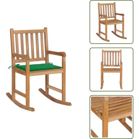 The Living Store Silla mecedora de madera maciza de teca con cojín verde - Silla de jardín