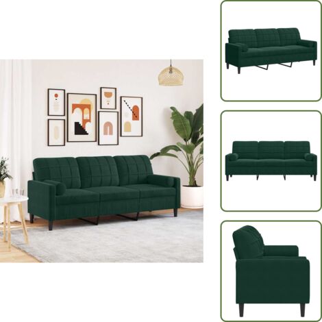 The Living Store Sofá de 3 plazas con cojines terciopelo verde oscuro 180 cm - Sofá verde oscuro