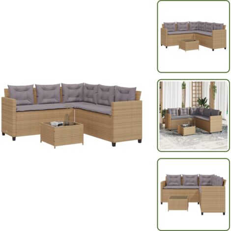 The Living Store Sofá de jardín en forma de L con mesa y cojines ratán PE beige - Mesa de jardín