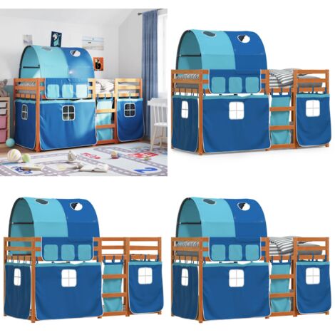 Litera con cortinas madera maciza de pino azul 80x200 cm - Litera con cortinas - Cama para niños