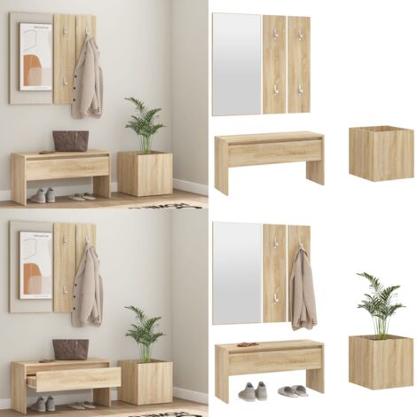 Juego de muebles de recibidor madera contrachapada roble Sonoma - Banco de entrada - Espejo