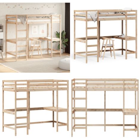 Cama alta con escritorio madera maciza de pino 100x200 cm - Madera maciza - Cama con escritorio